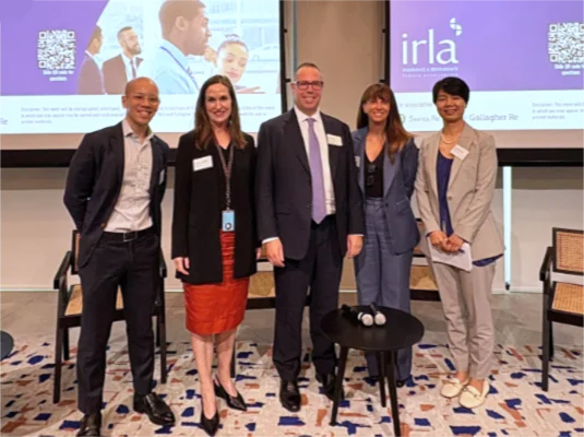 Group photo of Tekjun Tan (Catalina Asia), Alison Drill (Swiss Re), James Mounty (Gallagher Re), Sandra O’Sullivan (Enstar) and Carol Liao (Swiss Re)